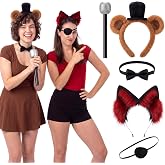 Hercicy 5 Pcs Halloween Bear and Pirate Fox Costume Accessories Set | Scary Game Costume Accessories for Adults, Animal Ear Headbands, Black Top Hat, Bow Tie, Eye Patch and Microphone Prop