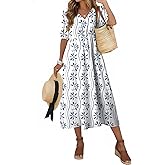 Dokotoo Women's Summer Short Sleeve V Neck Casual Boho Dresses Elastic High Waist Floral Flowy Maxi Dresses with Pockets