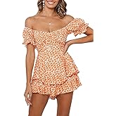 Fixmatti Women Boho Romper Off Shoulder Ruffle Chiffon Shorts Jumpsuit Playsuits