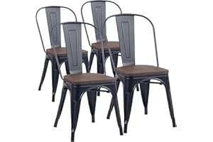 YOUNIKE Metal Dining Chairs Set of 4 Iron Stackable Removable Back Wood Seat Patio Chairs Rubber Feet Stylish Modern Indoor Outdoor Classic Chic Industrial Vintage Bistro Kitchen Matte Black