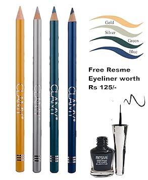 AYA Clamy Singly Apply Eyeliner Pencil - Pack of 4 (Gold, Silver, Green, Blue), With Resme Eyeliner