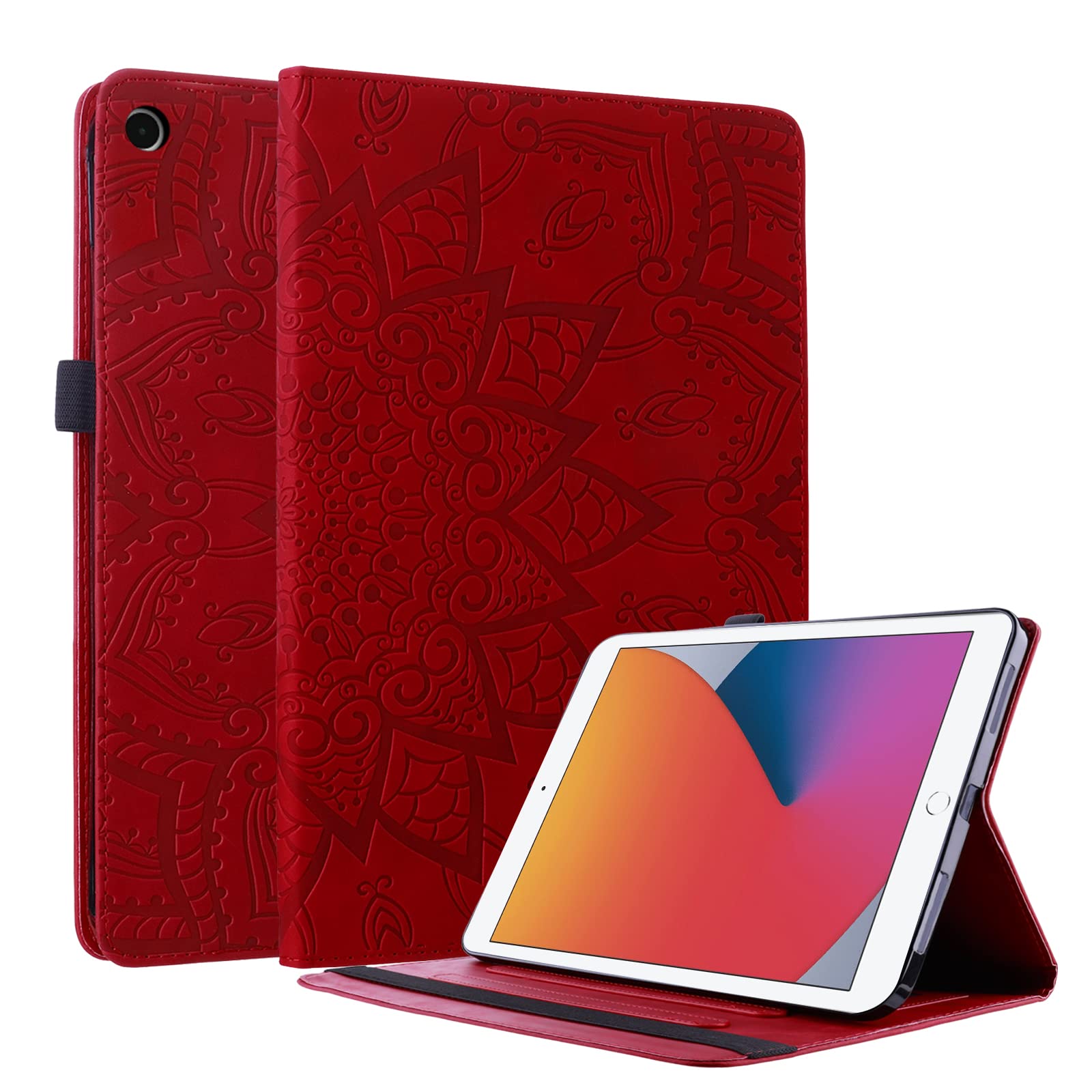 Lspcase Case for iPad 10.2 Inch 7th/8th Generation PU Leather Case Embossed Mandala Flower Flip Wallet Stand Case with Card Slots and Pen Holder for iPad 2019/2020，iPad Air 3, iPad Pro 10.5“ Red
