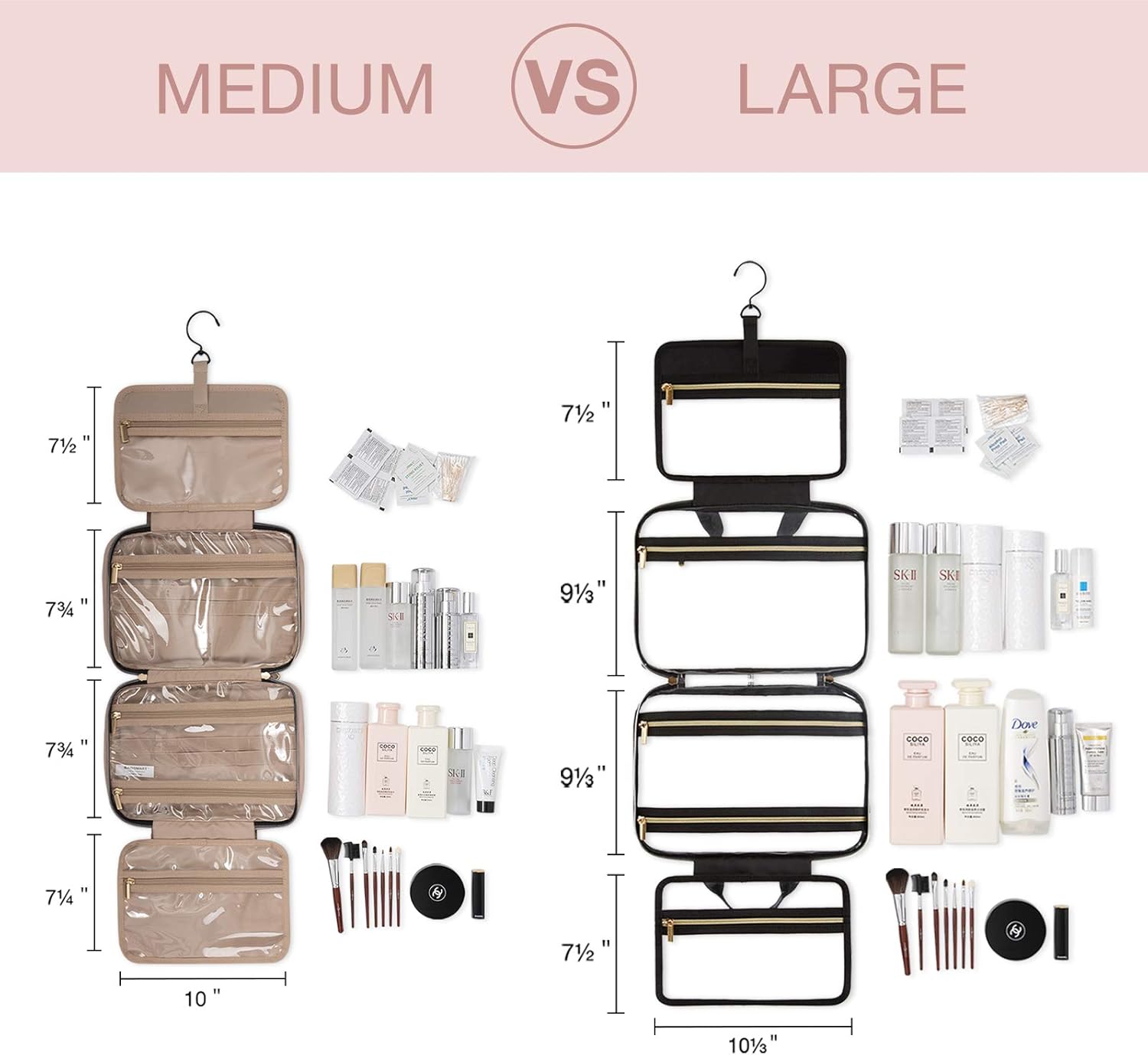 BAGSMART Toiletry Bag Travel Bag with Hanging Hook, Water-resistant Makeup Cosmetic Bag Travel Organizer for Accessories, Shampoo, Full Sized Container, Toiletries (Large-Transparent)