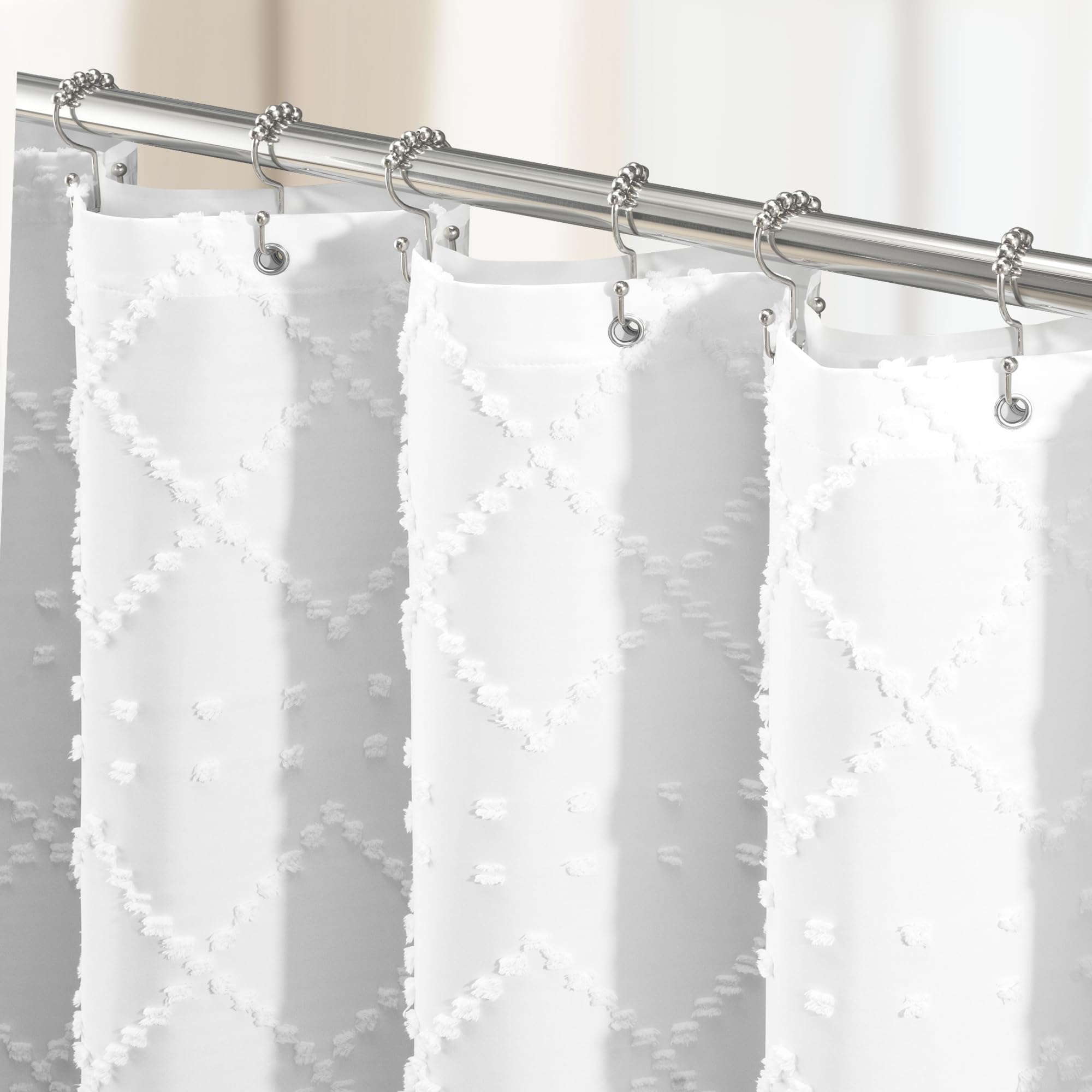 Dynamene White Boho Shower Curtain and Liner Set, Farmhouse Fabric Shower Curtain and Waterproof Clear Liner, Tufted Geometric Striped Textured Tassel Shower Curtains for Bathroom with 12 Hooks, 72x72 Image