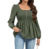 HEYTALALA Womens Peplum Tops Square Neck Smocked Puff Long Sleeve Blouses Babydoll Shirts 2025 Fall Dressy Casual Clothes