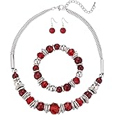 PEARL&CLUB Silver Beaded Statement Necklaces for Women Chunky Bead Necklace Bracelet and Earring Costume Jewelry Sets Gifts for Mom