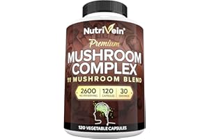 Nutrivein Premium Mushroom Supplement 2600 mg- Bottle 120 Capsules- 11 Nootropic Mushroom Complex - Lion's Mane, Cordyceps, Chaga, Reishi, Turkey Tail,Maitake,Shiitake, Agaricus, White Button, Oyster