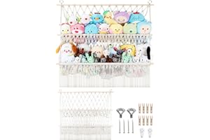 IHANSEE 2 Tier Stuffed Animal Storage Shelf Net, 35x30'' Large Plushie Net w/ 2.4/1'' Dense Mesh for Mini Medium Stuffy Teddy, Beige Boho Macrame Toy Holder Display w/ Lights&Clips for Nursery Kid Girl Boy