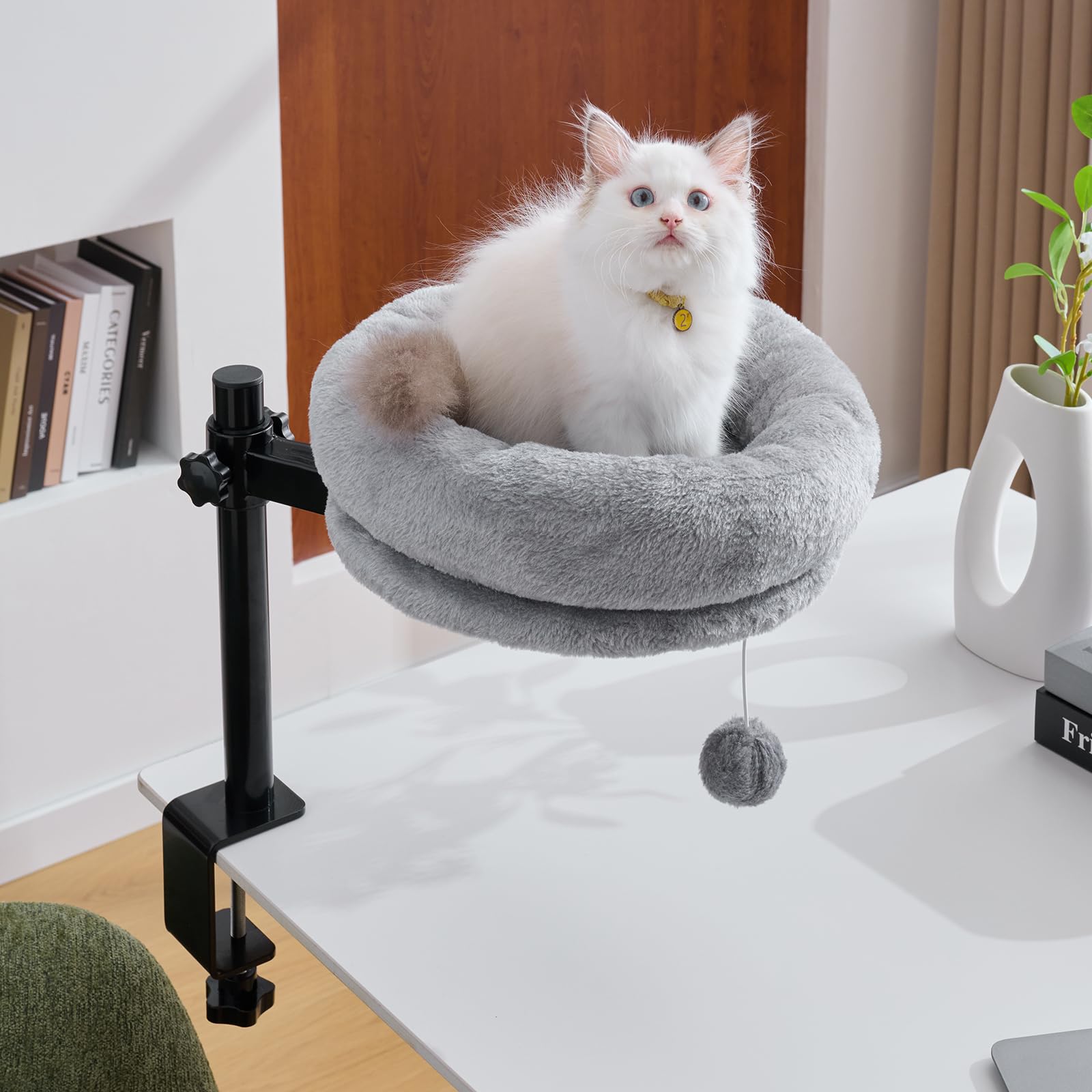 Photo 1 of ****Hardware Missing***BYBYME Cat Desk Bed for Indoor Cats, Kitty Bed for Worktable Supports 44 lbs, 360° Rotation & Adjustable, Soft Cat Nest Desktop with Hanging Ball for Office Desks Home Tables, 12" in Diameter?Gray?