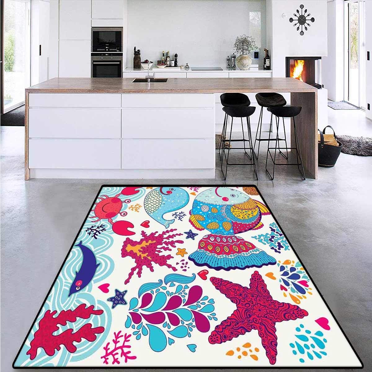 Whale, Room Home Bedroom Carpet Floor Mat, Funny Fishes Starfish Coral Crab Underwater Life Waves Marine Clipart Illustration, Area Rug Extra Large 6' x 7' Multicolor