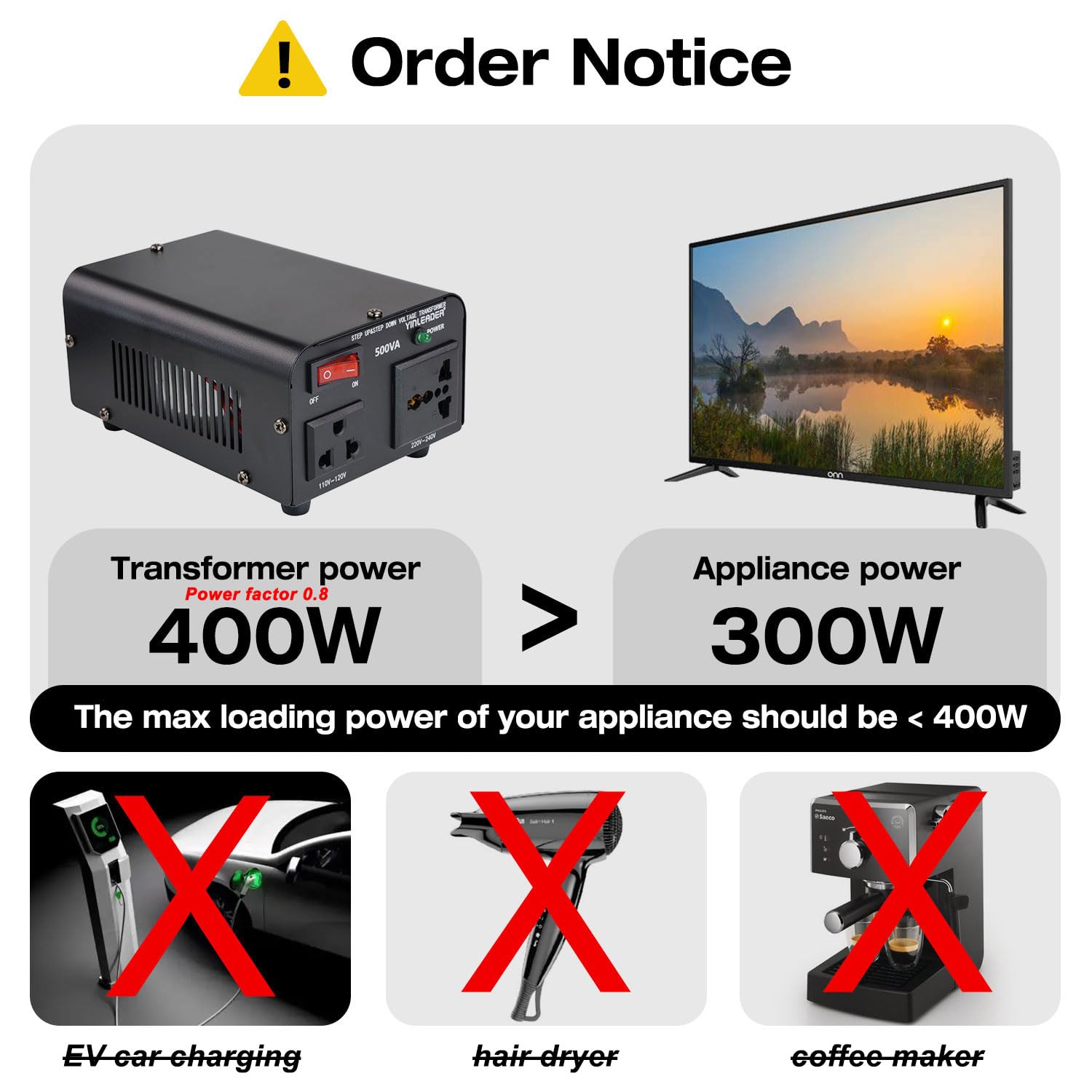 Yinleader 500W Voltage Transformer Power Converter(110V to 220V, 220V to 110V) Step Up/Down Converter 110/120 Volt - 220/240 Volt w/US Power Cord [300W Continuous Power]