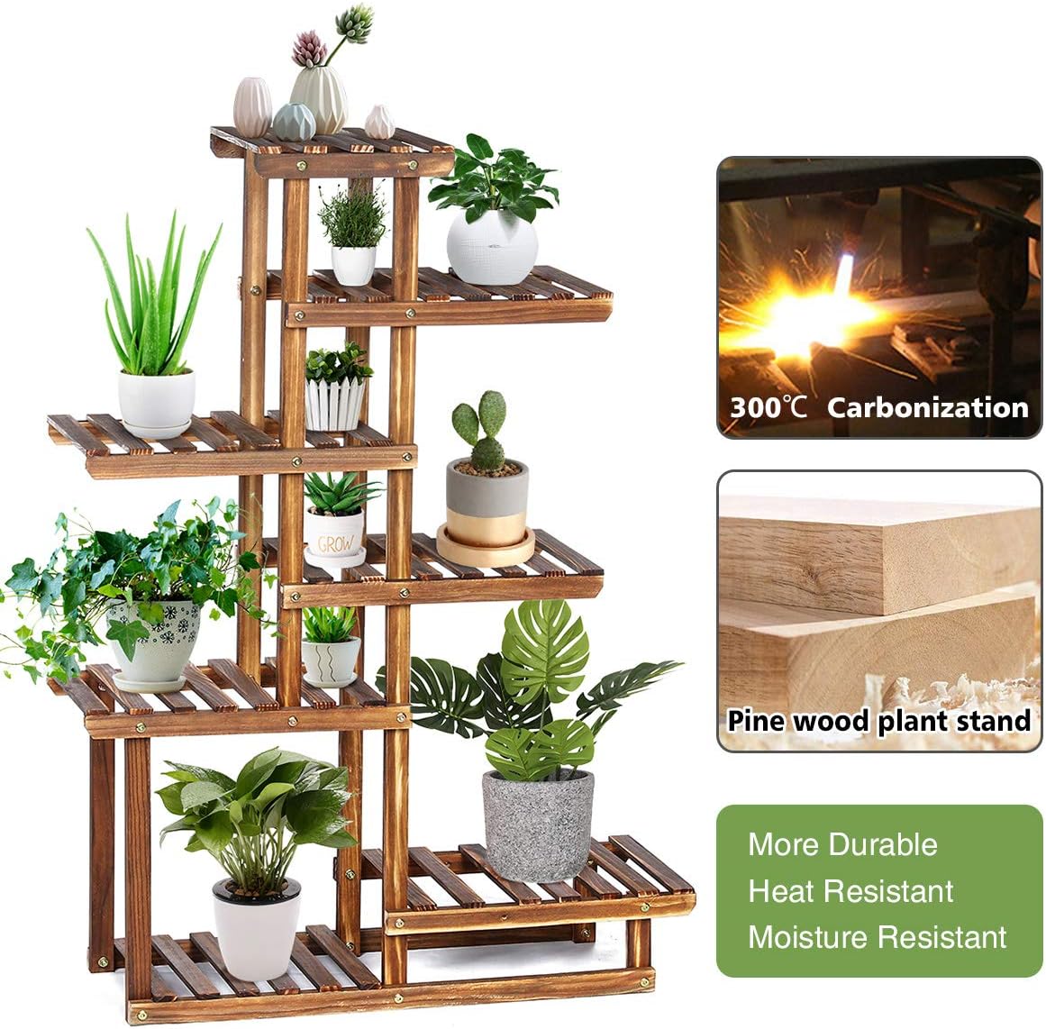 TOOCA Wood Plant Stand Indoor, 44'' 7 Tier Outdoor Tall Plant Stand, Flower Stand, Multiple Tier Plant Display Rack Holder, Steady Vertical Carbonized Shelves for Patio Livingroom Balcony Garden: Garden & Outdoor