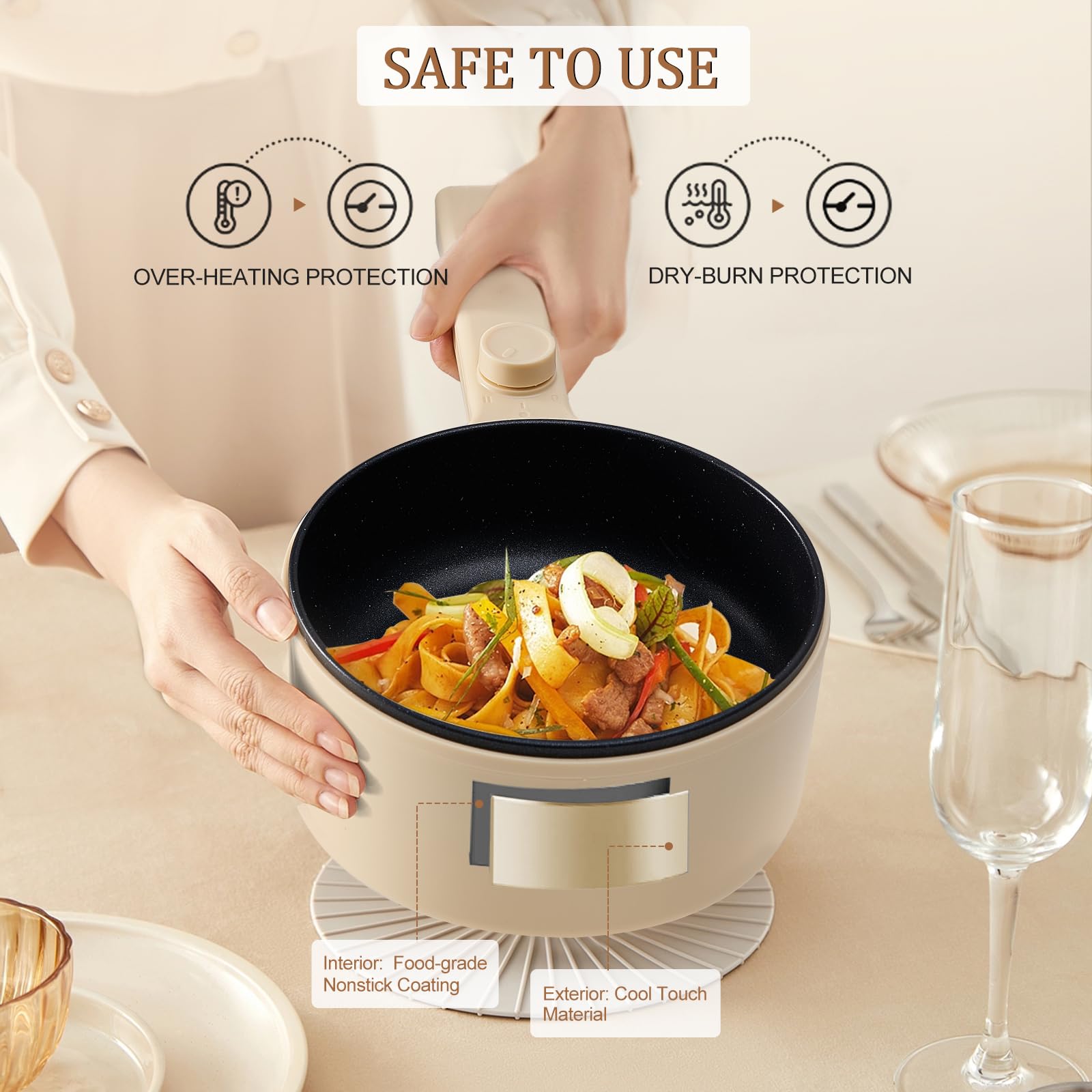 HYTRIC Hot Pot Electric, 1.5L Portable Non-stick Frying Pan, Electric Cooker for Steak, Egg, Pasta, Ramen Cooker with Dual Power Control, Mini Electric Pot for Office, Dorm Room Essential, Yellow