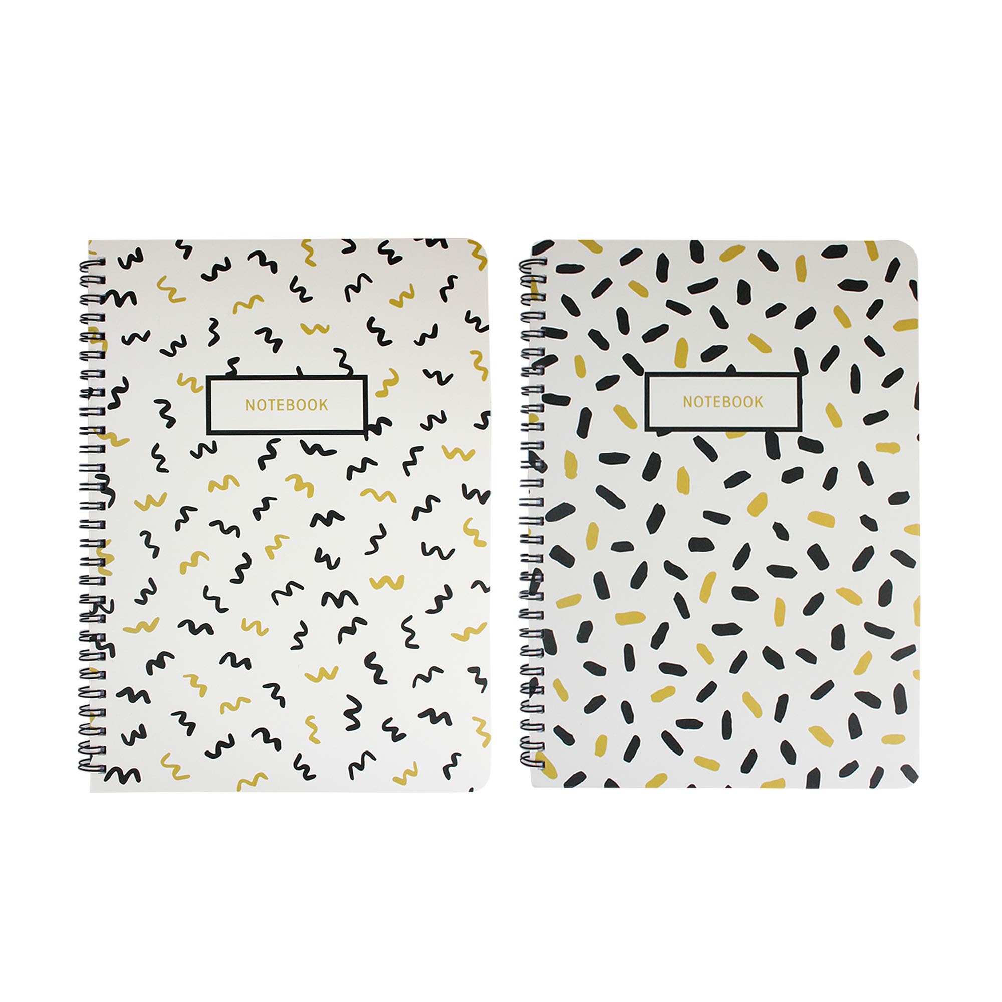 Emartbuy Black & Gold Doodle Hard Cover Spiral Exercise Book Diary Notebook Notepad Writing Journal Ruled A5 Size 80 Sheets (160 Pages) - Wiggles, Dashes, Set of 2