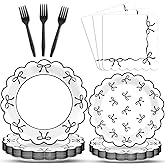 96Pcs Black White Bow Party Decorations Girl Bow Birthday Paper Plates Napkins Supplies Bowknot Themed Cake Tableware Dinnerware for Bachelorette Engagement Wedding Baby Bridal Shower Serves 24