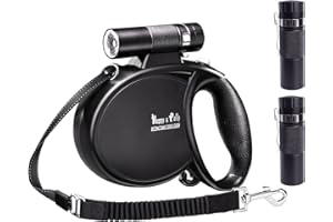 Happy & Polly 4-in-1 Dog Leash - Retractable, Heavy Duty, 16.4 ft with Flashlight & Bungee for Small Dogs