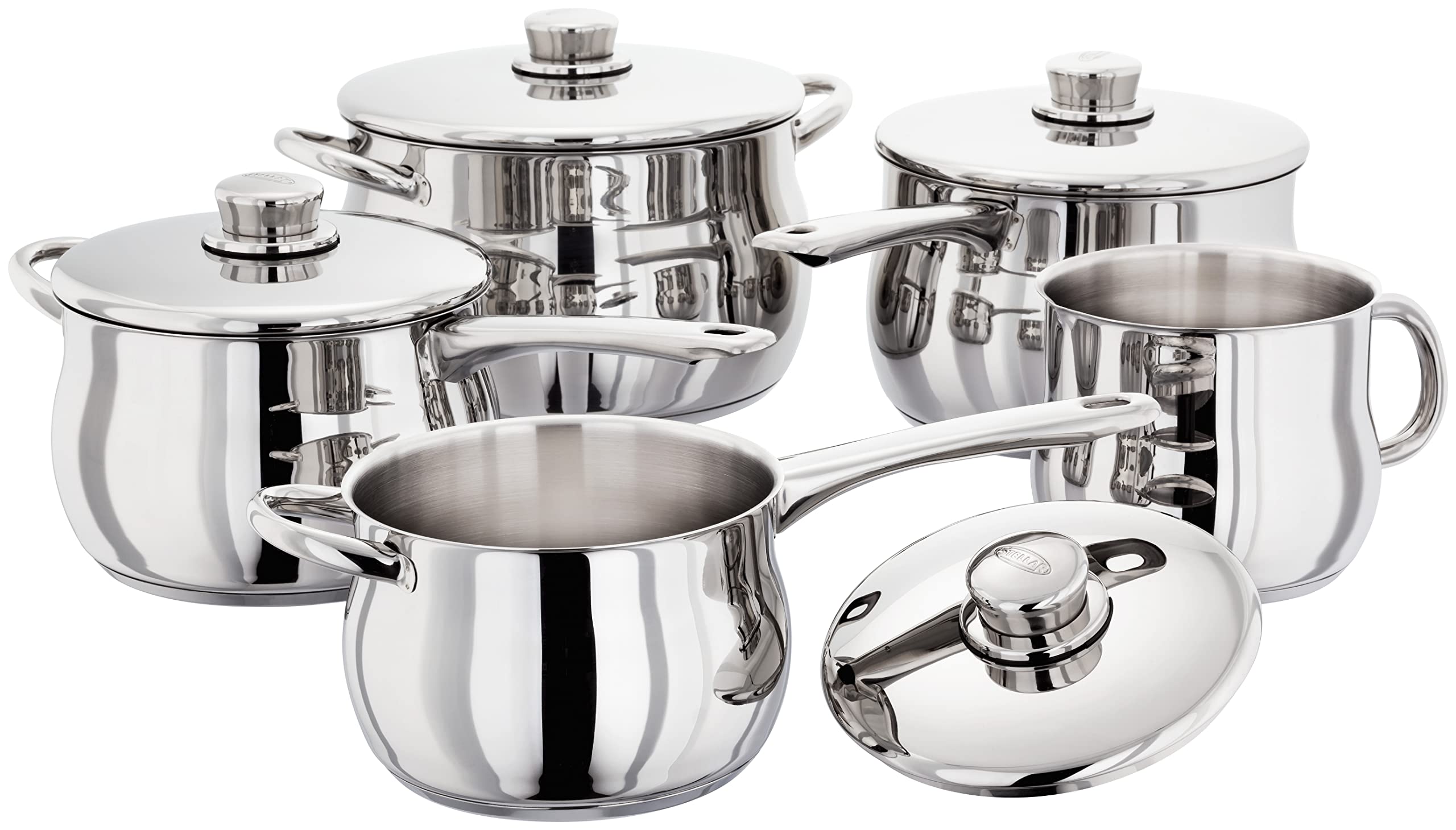 Stellar Classic 5-Piece Stainless Steel Set of Large Pans 16cm, 18cm and 20cm Deep Saucepans with Lids, Stockpot, 14cm Non-Stick Milk Pan in Classic Domus Shape, Oven-Safe, Induction Ready
