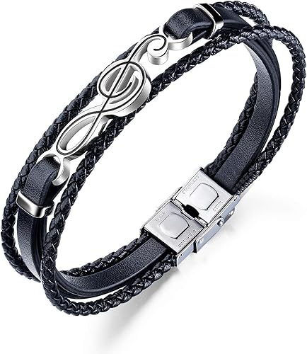 Amazon Vanski パンク メンズ レザーブレスレット ブラック 編組リストバンド 音符 ト音記号チャーム ロープリンクブレスレット ブレスレット 通販