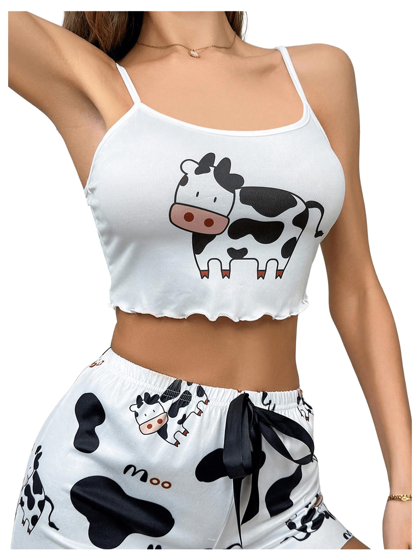 Photo 1 of **Top Only**WDIRARA Women's Cow Print Sleeveless Pajama Top Lettuce Trim Fitted Crop Cami Tops White Medium