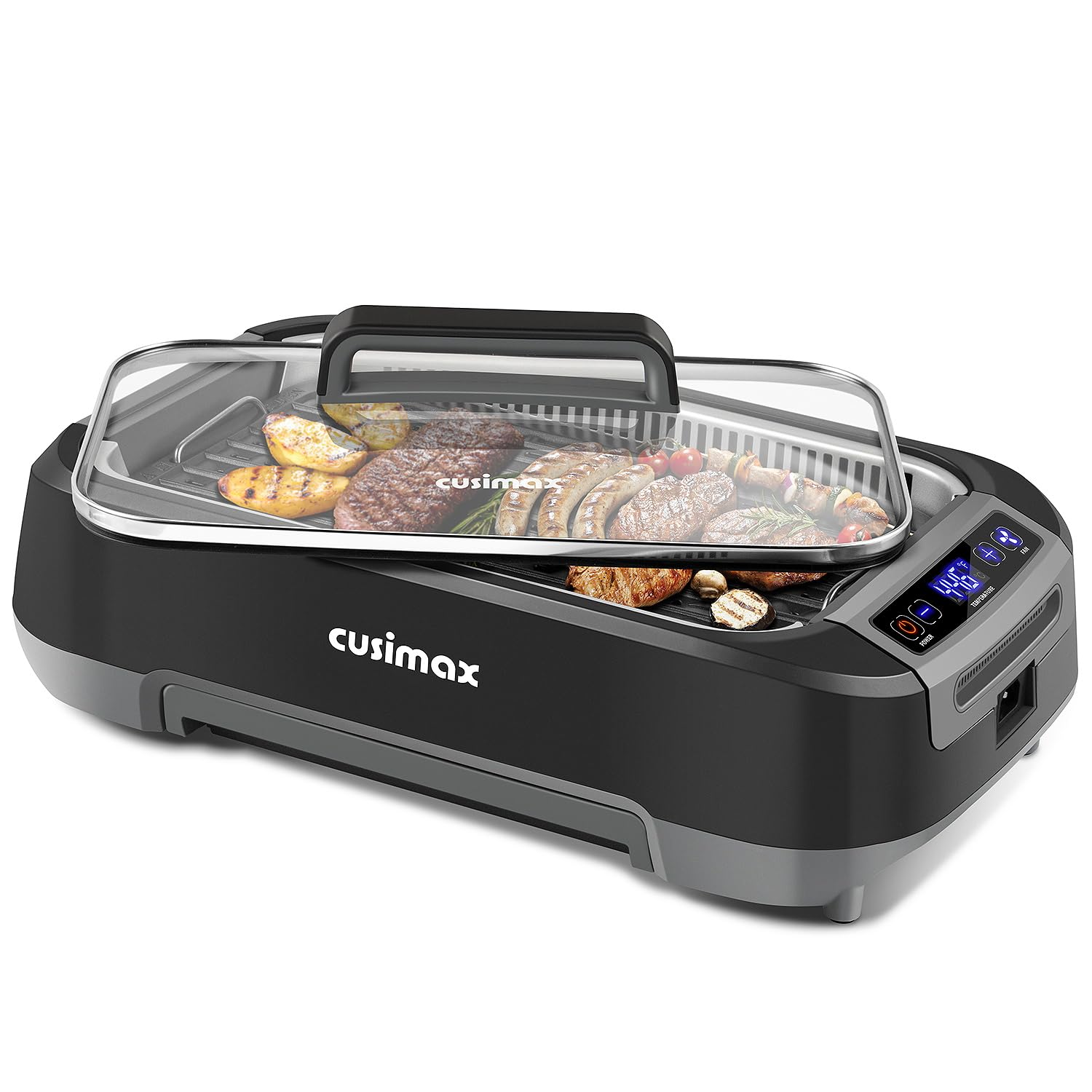 Photo 1 of ***DIRTYY/ MISSING POWER CORD*** CUSIMAX Smokeless Indoor Grill, 1500W Electric Grill Korean BBQ Grill with LED Smart Display & Tempered Glass Lid, Non-stick Removable Grill Plate, Turbo Smoke Extractor, Black New Model