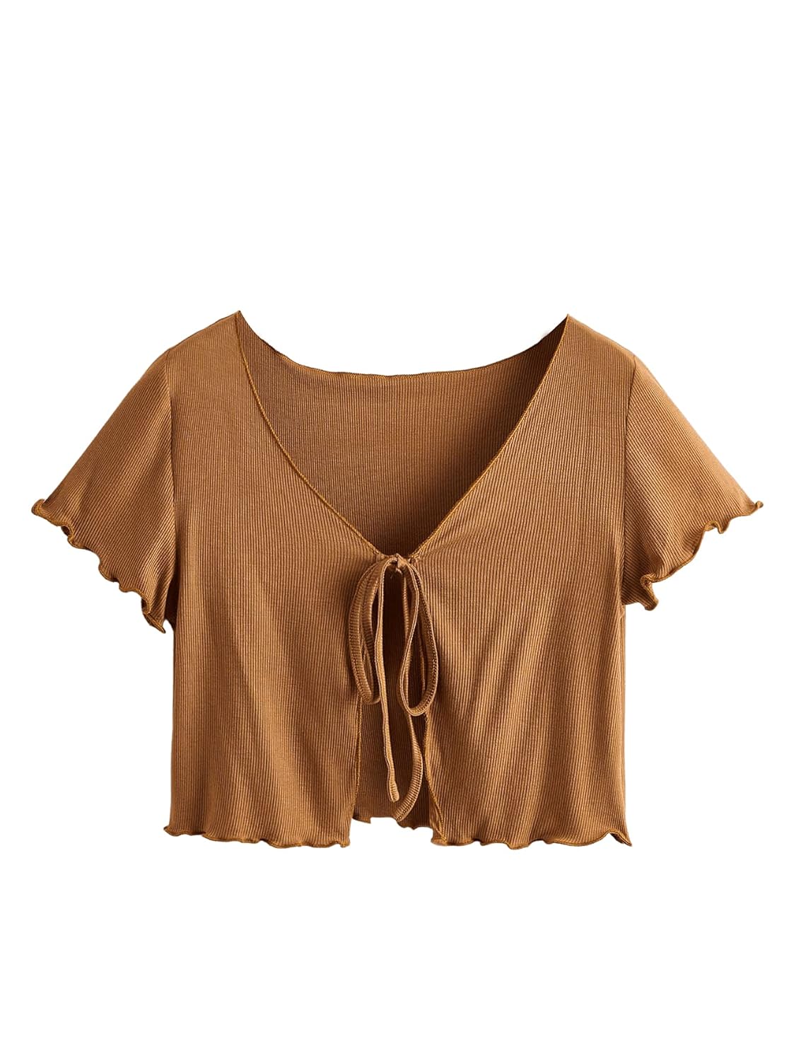 SweatyRocks Women's Tie Up Crop Top Short Sleeve Ribbed Knit Open Front