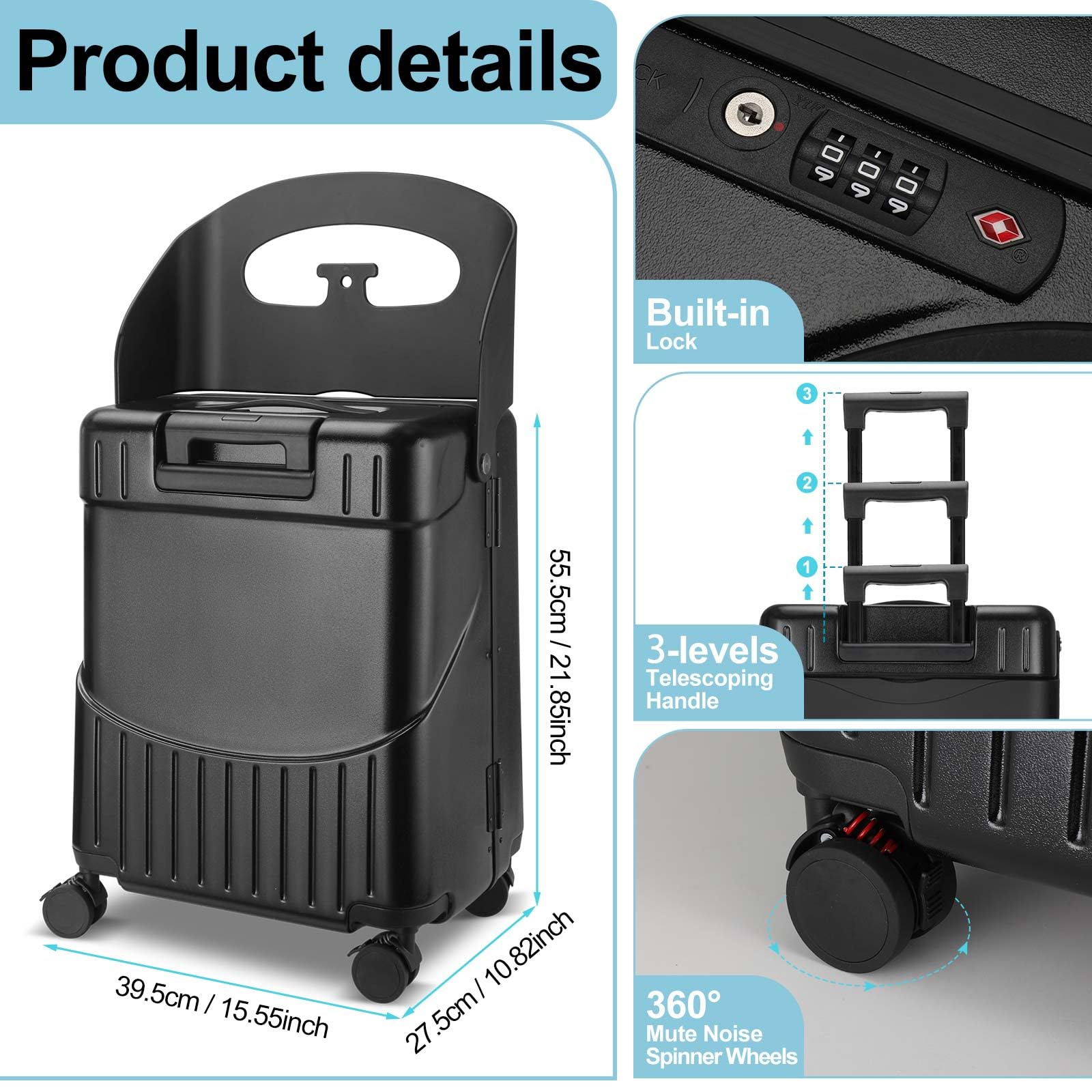 Bulyoou 22 Inch Carry on Luggage with Seat for Kids Expandable Ride on Suitcase with Spinner Wheels and Locks for Travel (Black)