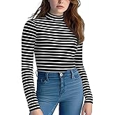 Zengjo Striped Turtleneck Women Long Sleeve Shirt - Fitted Ribbed Mock Neck Basic Layering Undershirt