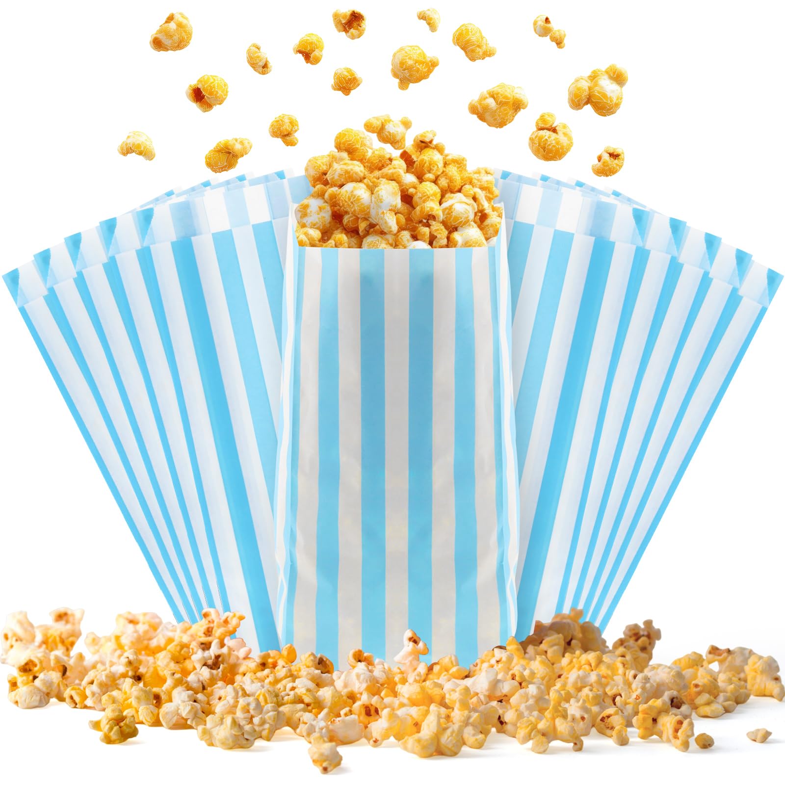 Photo 1 of 100 Pcs Paper Popcorn Bags Individual Servings small popcorn bags for Party Disposable Snack Candy Movie Nights Pop Corn Bags (Light Blue White)