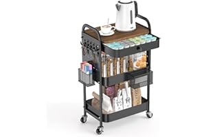 ALVOROG Rolling Cart with Drawer and Wood Table Top, 3 Tier Metal Rolling Utility Cart on Wheels with DIY Pegboards, Hanging Baskets, Hooks for Bedroom,Office,Craft Supplies (Black)