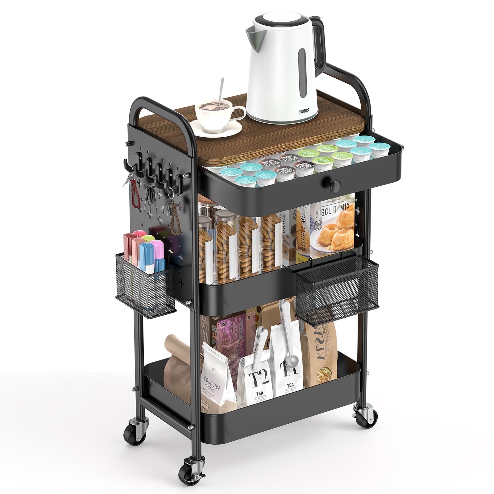 Photo 1 of ALVOROG Rolling Cart with Drawer and Wood Table Top, 3 Tier Metal Rolling Utility Cart on Wheels with DIY Pegboards, Hanging Baskets, Hooks for Bedroom,Office,Craft Supplies (Black)