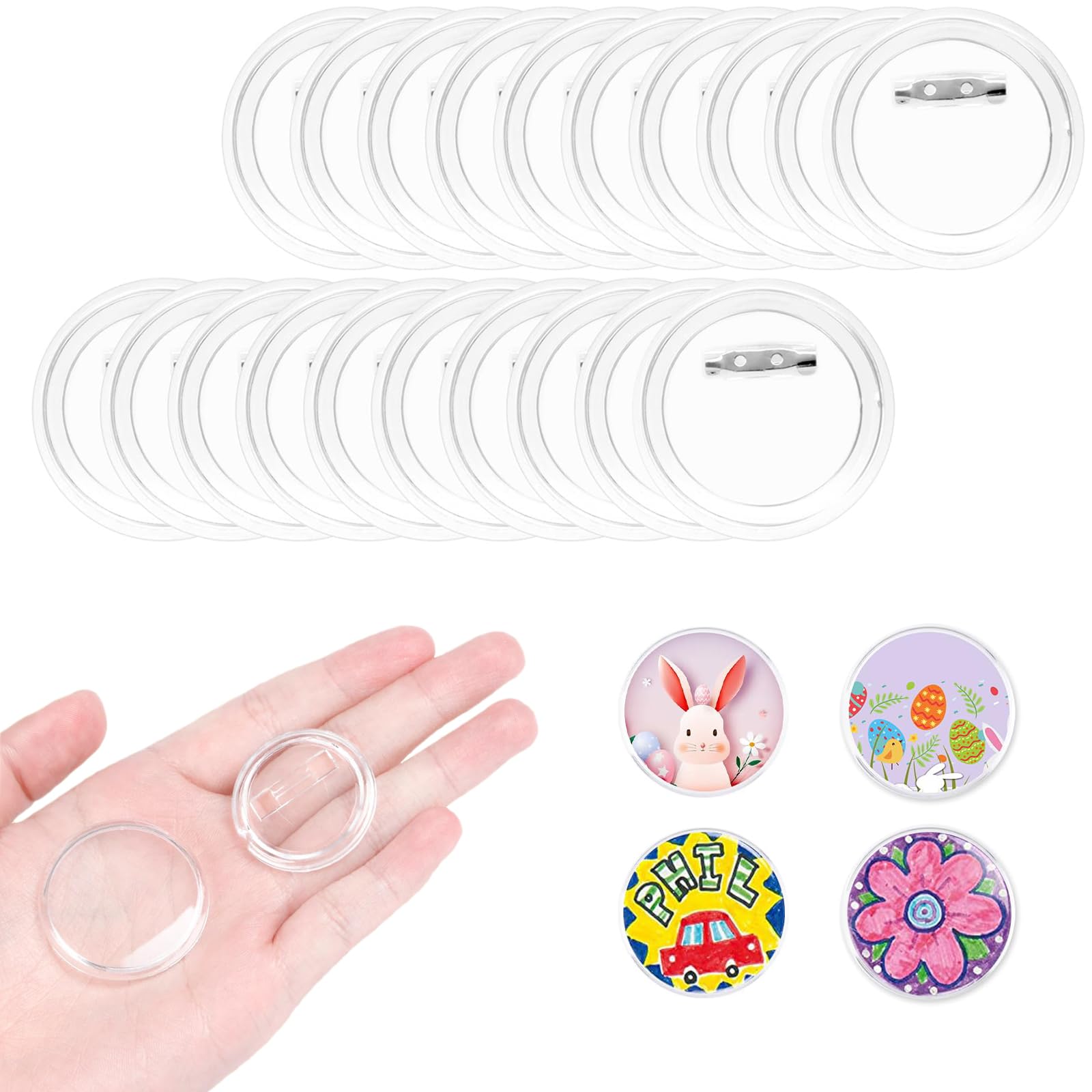 Roontin 20-Pack Clear Acrylic Button Badges - DIY Badge Making Kit with Pins - Make Your Own Badges V1