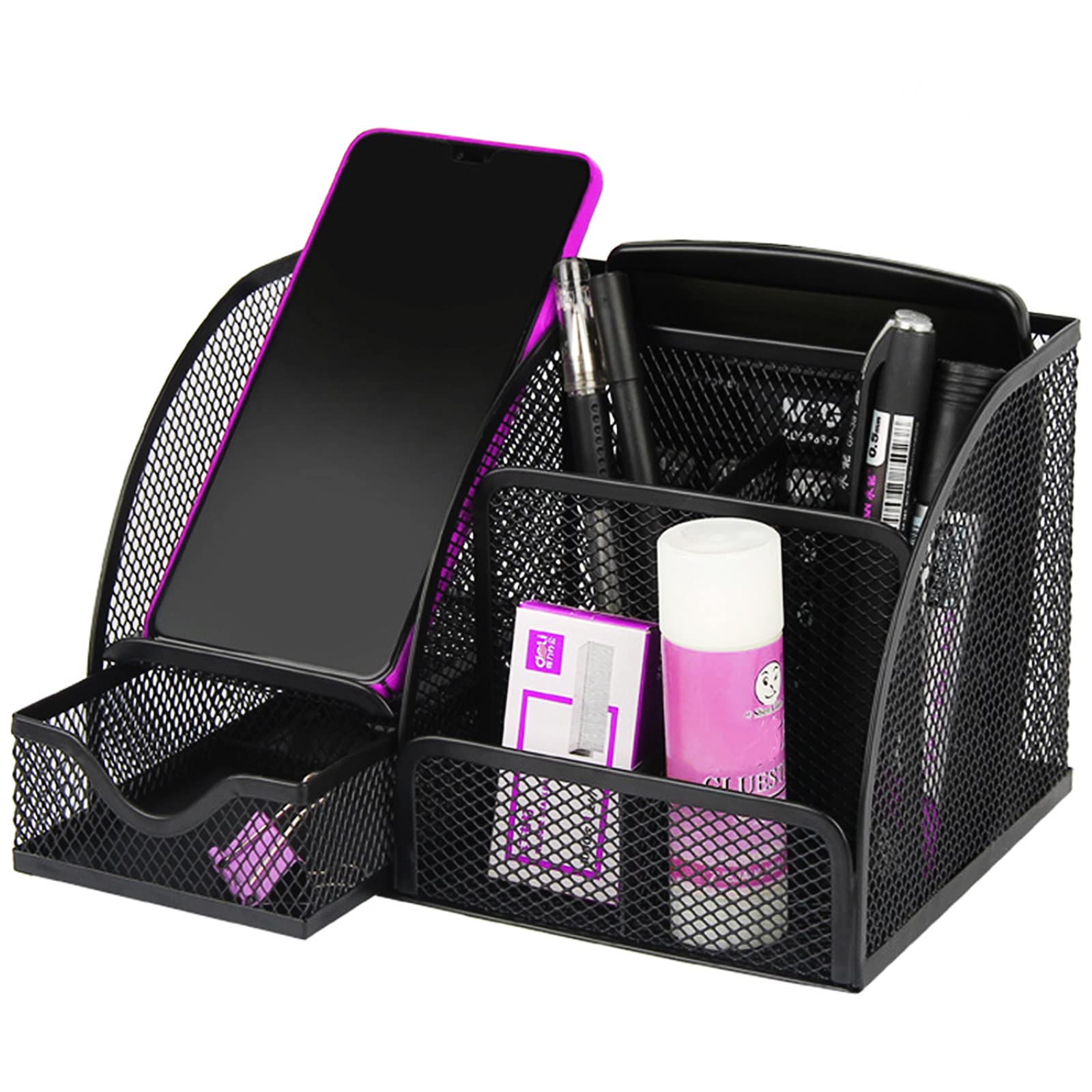 ZDZBLX Desk Organiser - Metal Mesh Pen Holder with Drawer - Pencil Organizer Pen Pot Desktop Storage, Multi-Functional Desk Tidy Accessories and Stationery Organizer for Home, Office, School, Black