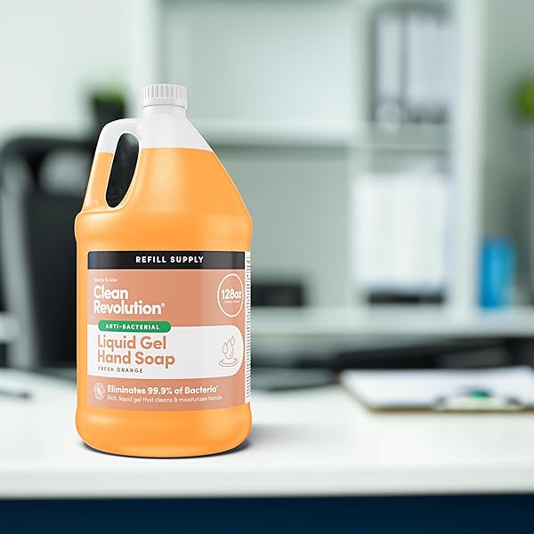 CLEAN REVOLUTION ANTIBACTERIAL LIQUID GEL HAND SOAP REFILL, 128 FL OZ, FRESH ORANGE SCENTED – MADE IN USA