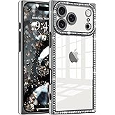 ROSEHUI Clear Glitter Phone Case for iPhone 17 Pro Max, Girly Luxury Bling Sparkly Diamond Rhinestones Soft TPU Plating Rectangle Edge Camera Protection Transparent Shockproof Cover for Women, Black