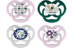 Dr. Brown's Advantage Glow-in-the-Dark Baby Pacifier, Fully Symmetrical Soother with Soft Silicone Bulb, Scooter Squirrel-Purple Nature, 6-18m, BPA Free, 4 Pack