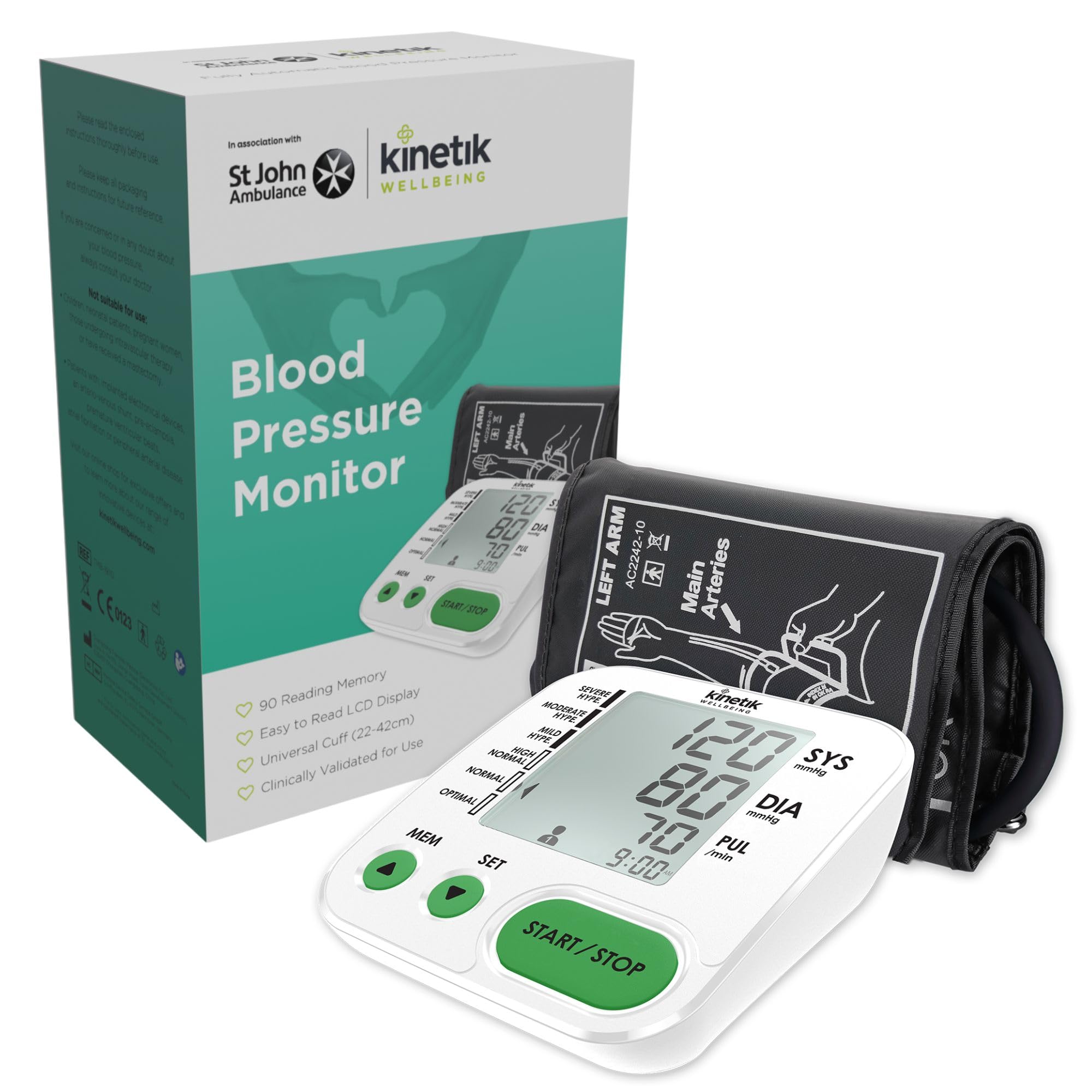 Kinetik Wellbeing Home Use Blood Pressure Monitor - Used by the NHS - Fully Automatic Upper Arm Blood Pressure Machine with Universal Cuff (22-42cm), Digital Sphygmomanometer Tester Kit