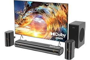 Hiwill 4.1ch Sound Bar with Dolby Atmos, 300W Sound Bar for Smart TV with Subwoofer, 2 Front Surround Speakers, Soundbar for TV Speaker, Adjustable Bass, Surround Sound System for TV, HiElite A41