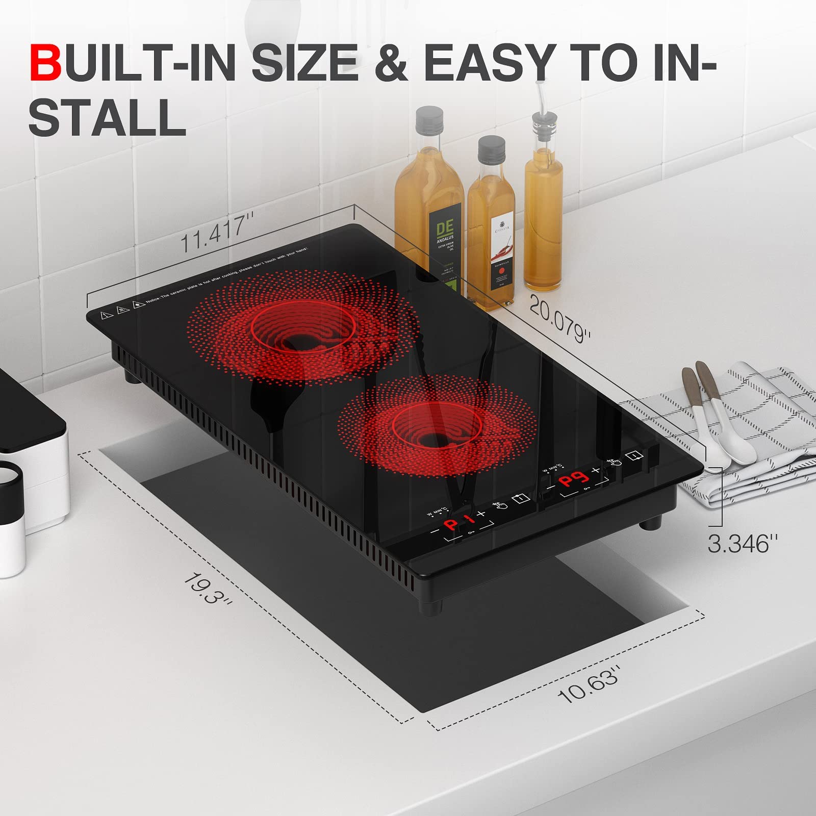 Electric Cooktop 2 Burners 2100W, 110v-120v Electric Stove Top 12 inch, Countertop & Built-in Cooktop, 20 Temperature 9 Power Levels, Child Lock, Timer, Over-Heat Protection