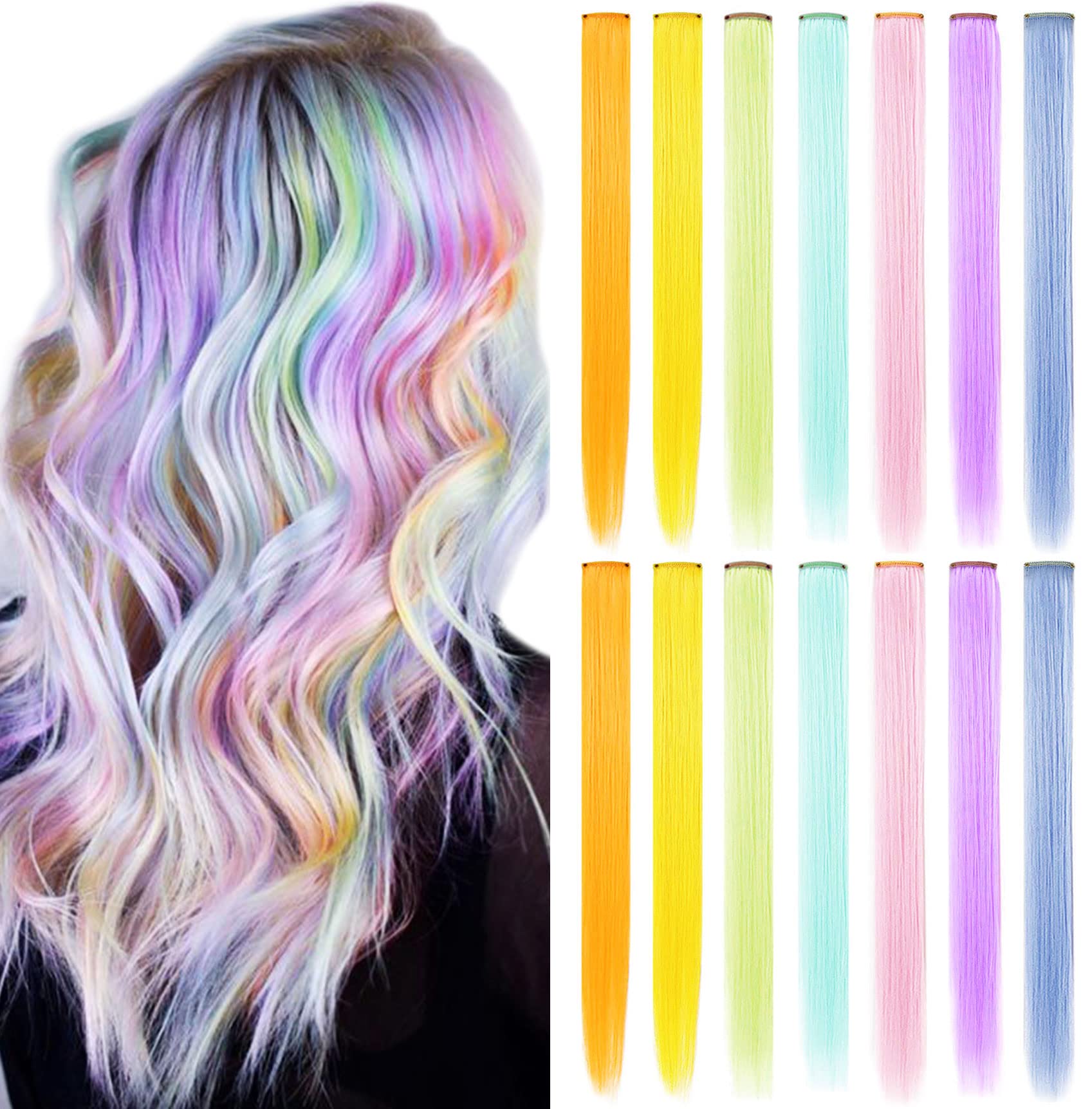 Fcysws 14 PCS Colored Clip in Hair Extensions 21 Inch Heat-Resistant Synthetic Straight Multi-colored Hair Extensions for Women Gift Party Wig Hairpiece (7 Light color)