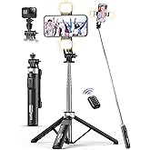 53'' Selfie Stick Tripod with Light, Extendable Selfie Stick with Remote, Portable Cell Phone Tripod Stand with All in 1 Phone Clip, Lightweight Camera Tripod Compatible with iPhone 15 14 13, Android