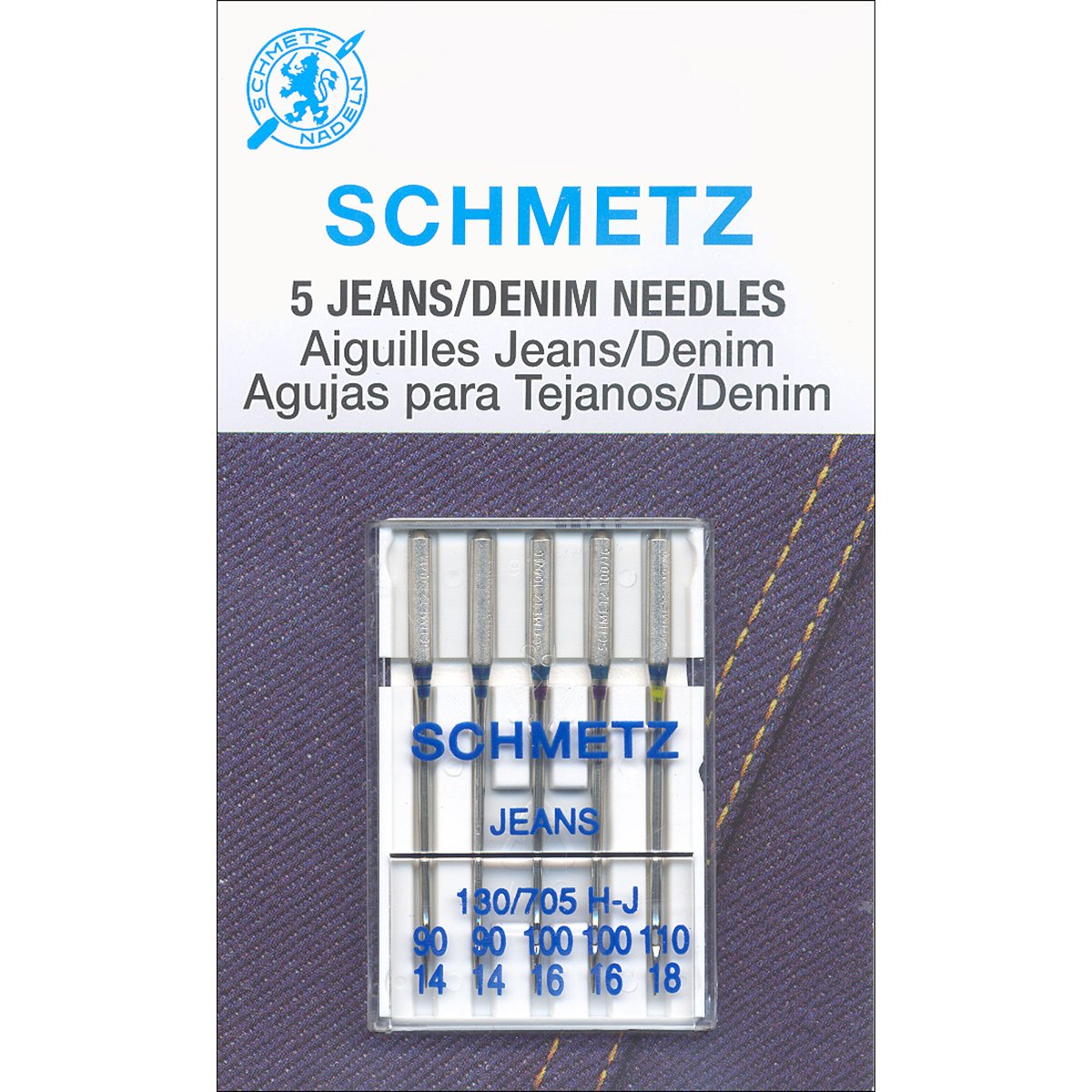Euro-Notions Jean and Denim Machine Needles, Sizes 14/90 (2), 16/100 (2) 18/110 (1)