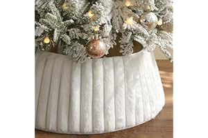 Bunny Chorus Christmas Tree Collar, Rustic White Luxury Plush Faux Fur Tree Collar with Stripe Textured Pattern, Soft Fluffy Xmas Tree Ring Boho Tree Skirt for Holiday Decorations Indoor Home Decor