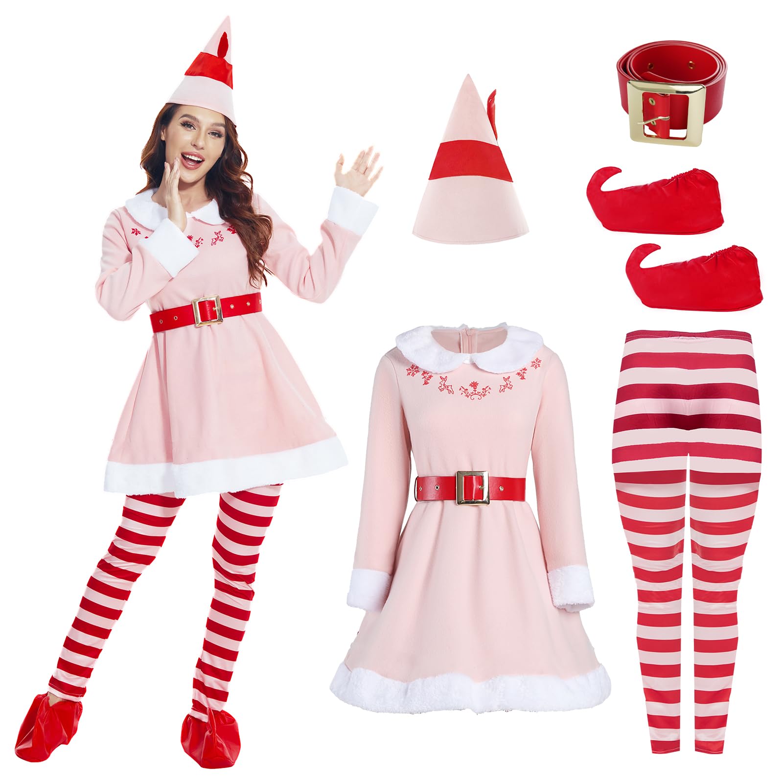 Photo 1 of rumnigh Christmas Elves Costume For Women,Elves costume adult Women Christmas Cosplay Costume Full Set (Pink, Medium)