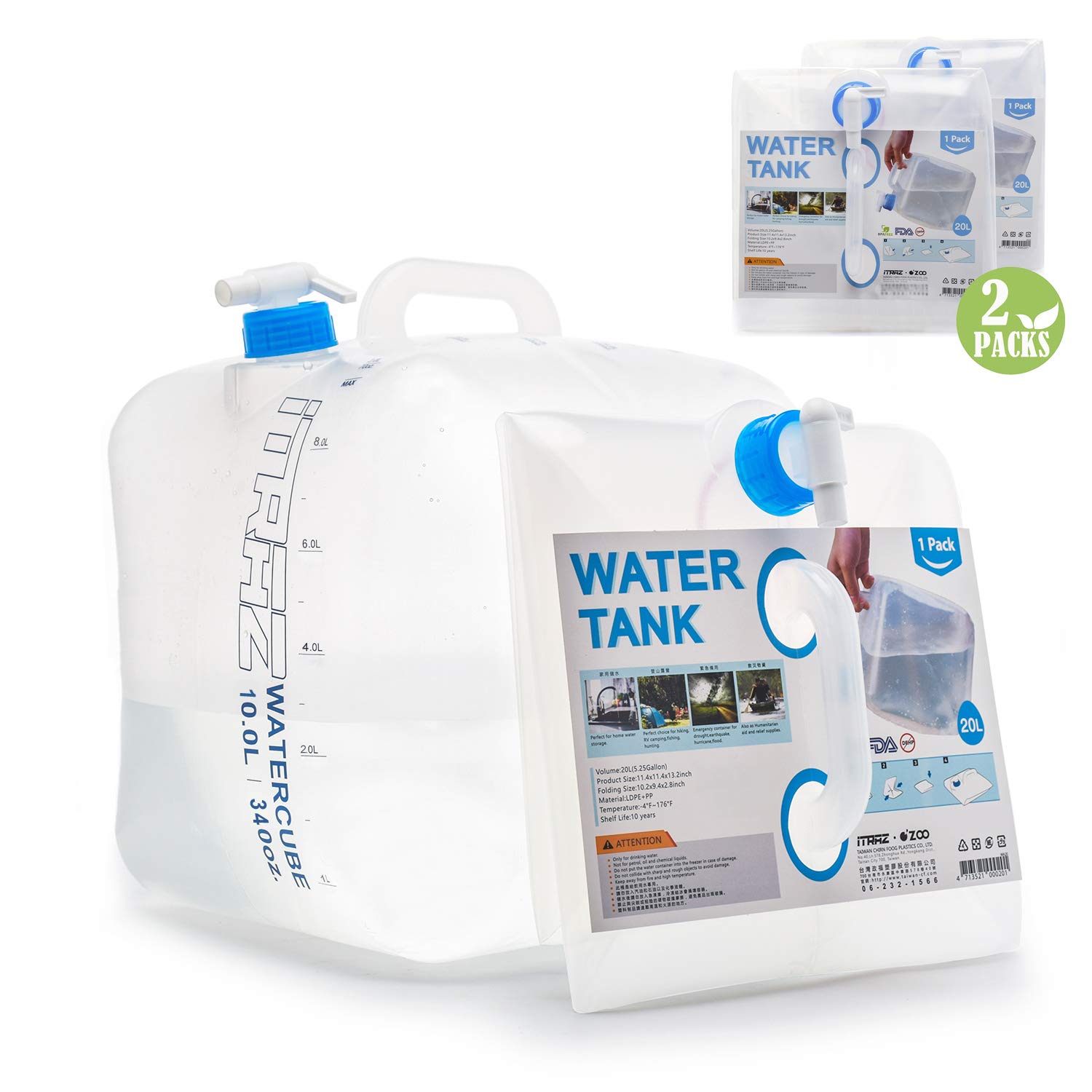 ITRAZ Collapsible Water Container Water Storage Carrier Jug BPA-Free with Spigot, Portable Water Canteen for Camping RV Outdoors and Emergency (2-Pack 2.3 Gal, White-2.6Gal)