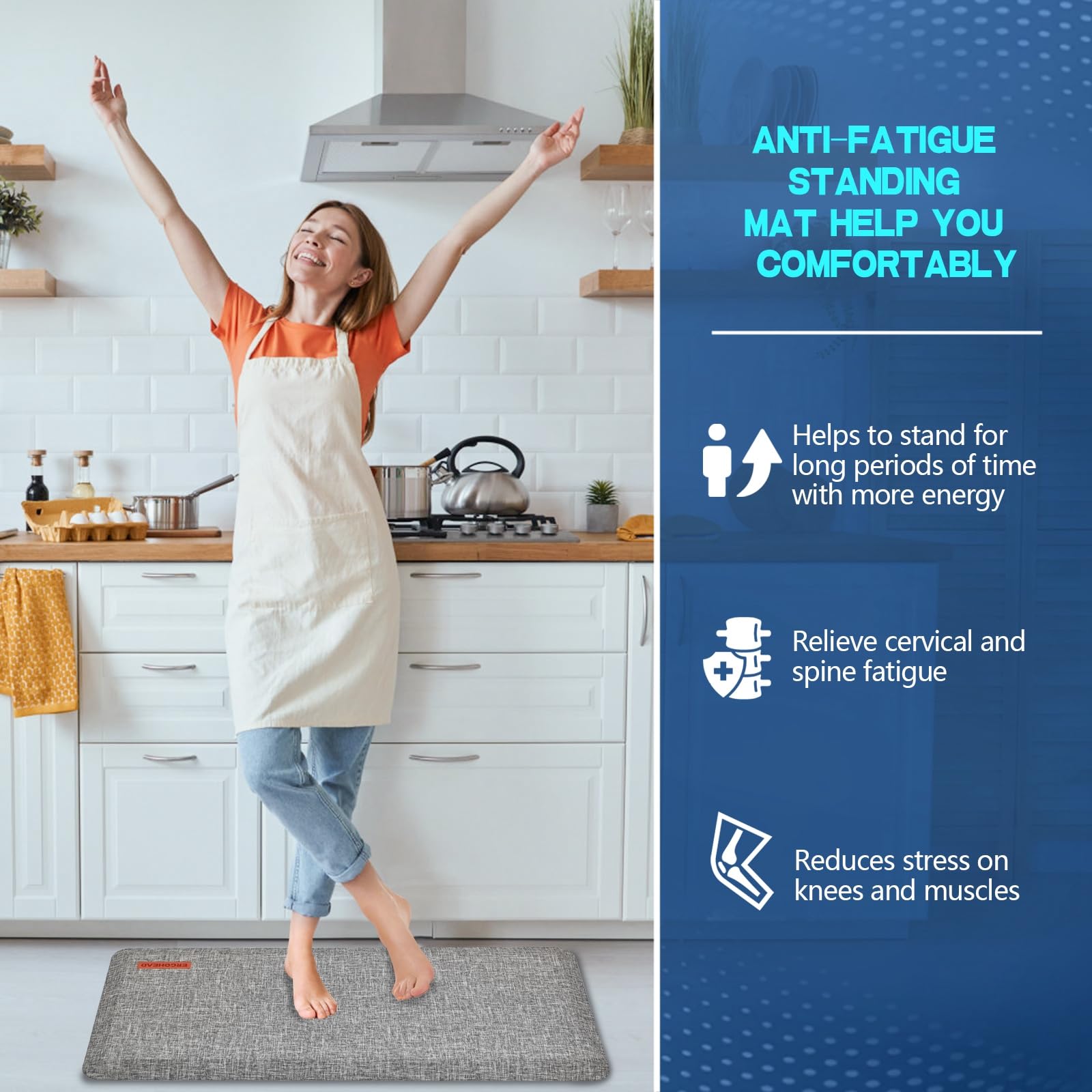 Ergohead Anti Slip 7/8 inchs Anti Fatigue Kitchen Floor Mat, Ergonomic Comfort Standing Mat, Waterproof Kitchen Runner for Home, Kitchen, Office, Laundry, Garage (Light Gray, 17.3