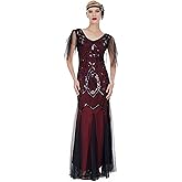 1920s Art Deco Sequin Maxi Dress, Vintage Flapper Gatsby Style, V-Neck with Tulle Sleeves, Long Evening Formal Gown