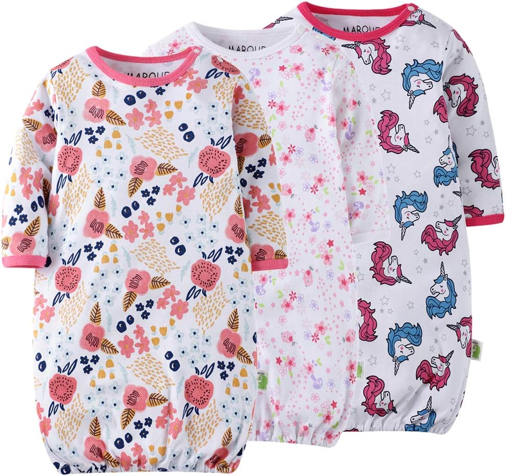 Unicorn & Flowers Baby Girls Sleep Gown - 100% Cotton Soft Lightweight No-Scratch Mittens Sleeping Bag 60 Pink