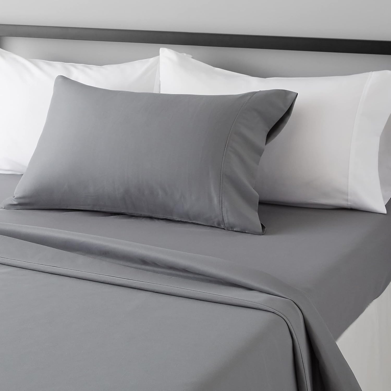 Amazon Basics Lightweight Breathable Brushed Microfiber 3-Piece Bed Sheet Set With 14-Inch Deep Pockets, Wrinkle Resistant, Twin XL, Dark Gray, Solid