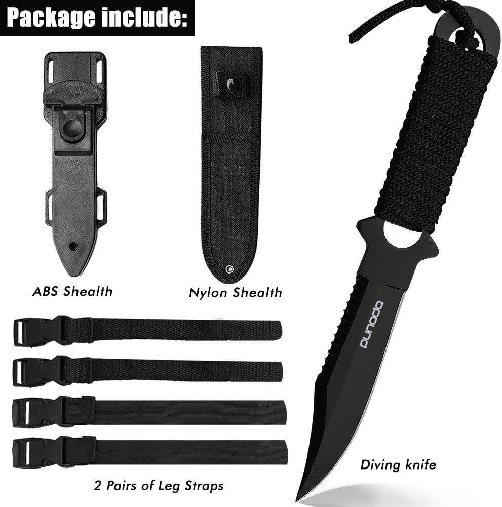 Scuba Diving Knife with Leg Straps 2 Pairs, Black Tactical Knife with 2 Types Sheath, Stainless Steel Diving Knives for Scuba Diving, Spearfishing, Snorkeling, Hiking, Outdoor Use: Home Improvement