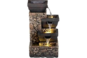 HARMONY FOUNTAINS 20" Catania 4-Tier Cascading Waterfall Fountain w/LED Lights: Stone Bowl Outdoor Water Feature for Gardens & Patios. Weather Resistant Hand-Crafted Design. HF-B12-20L Brown